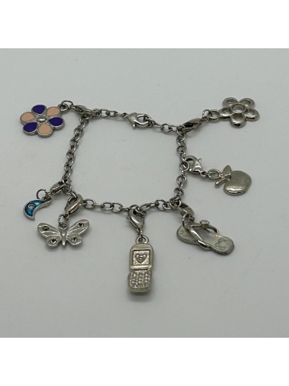 Vintage Silver Tone Charm Bracelet With Butterfly Flip Phone Moon Flower Charms
